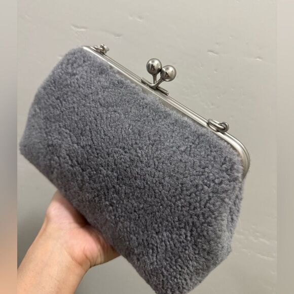 Gray Real Shearling Leather Handmade Kisslock Clutch Shoulder Bag, Crossbody - Picture 12 of 14
